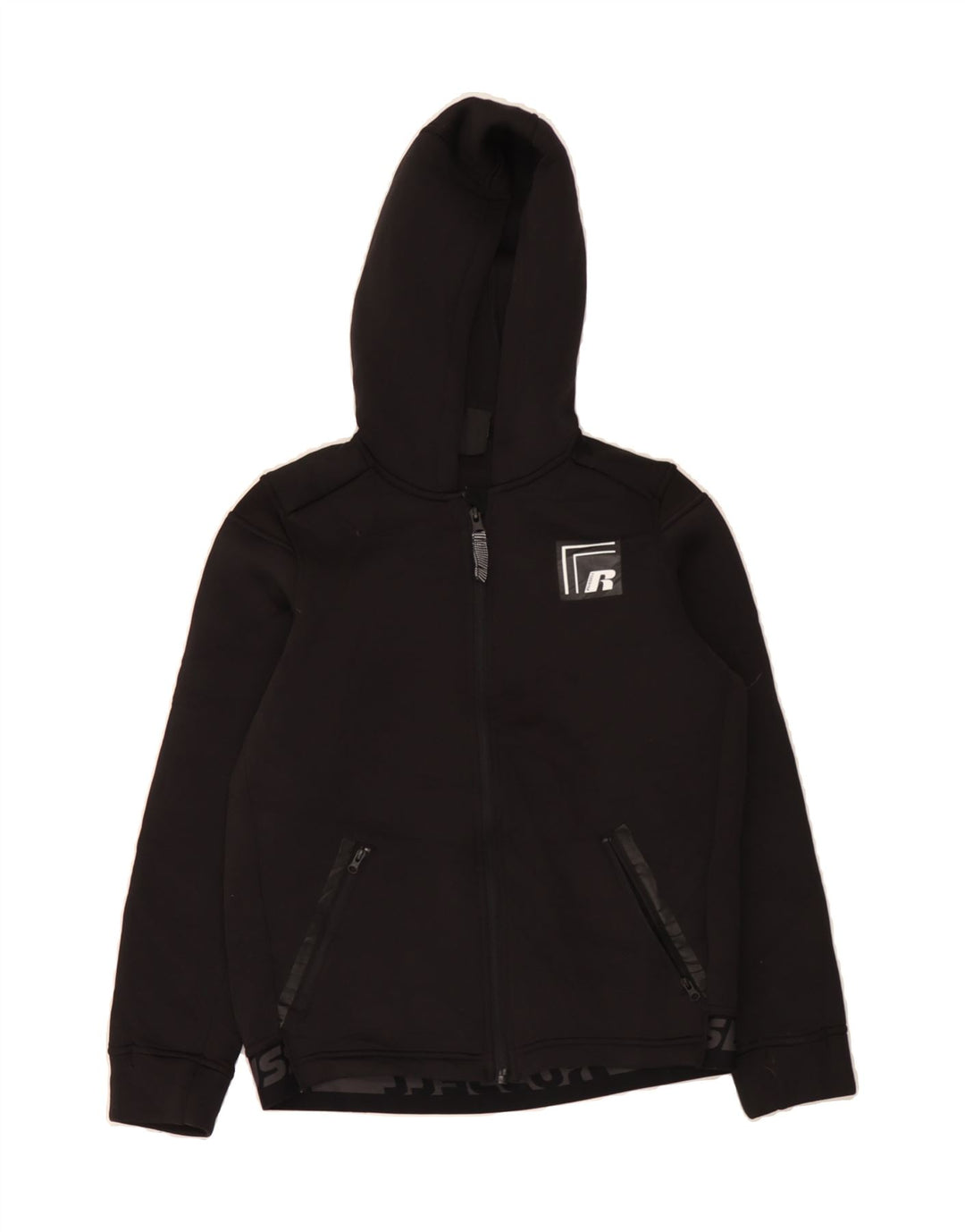 RUSSELL ATHLETIC Boys Zip Hoodie Sweater 10-11 Years Large Black Polyester Vintage Russell Athletic and Second-Hand Russell Athletic from Messina Hembry 