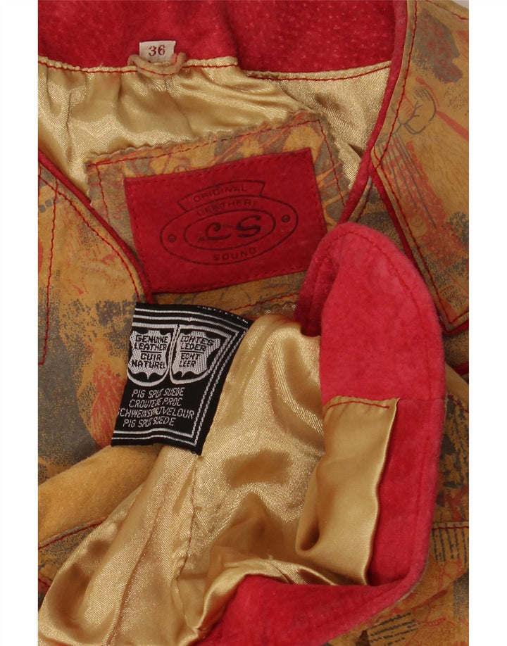 Vintage Damen Trachten 4 Knopf Blazer Jacke EU 36 Small Beige Leder