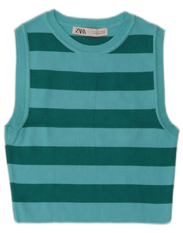 Zara Damen Crop Vest Tank Top UK 12 Mittelblau gestreift Viskose