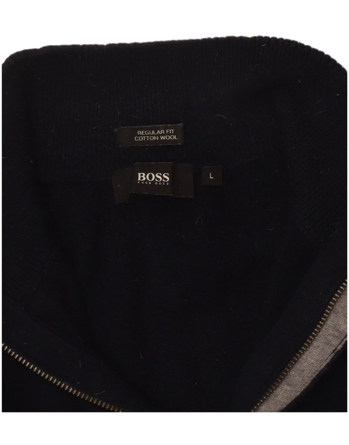 HUGO BOSS Herren-Pullover mit normaler Passform und Reißverschluss, Größe L, marineblaue Baumwolle