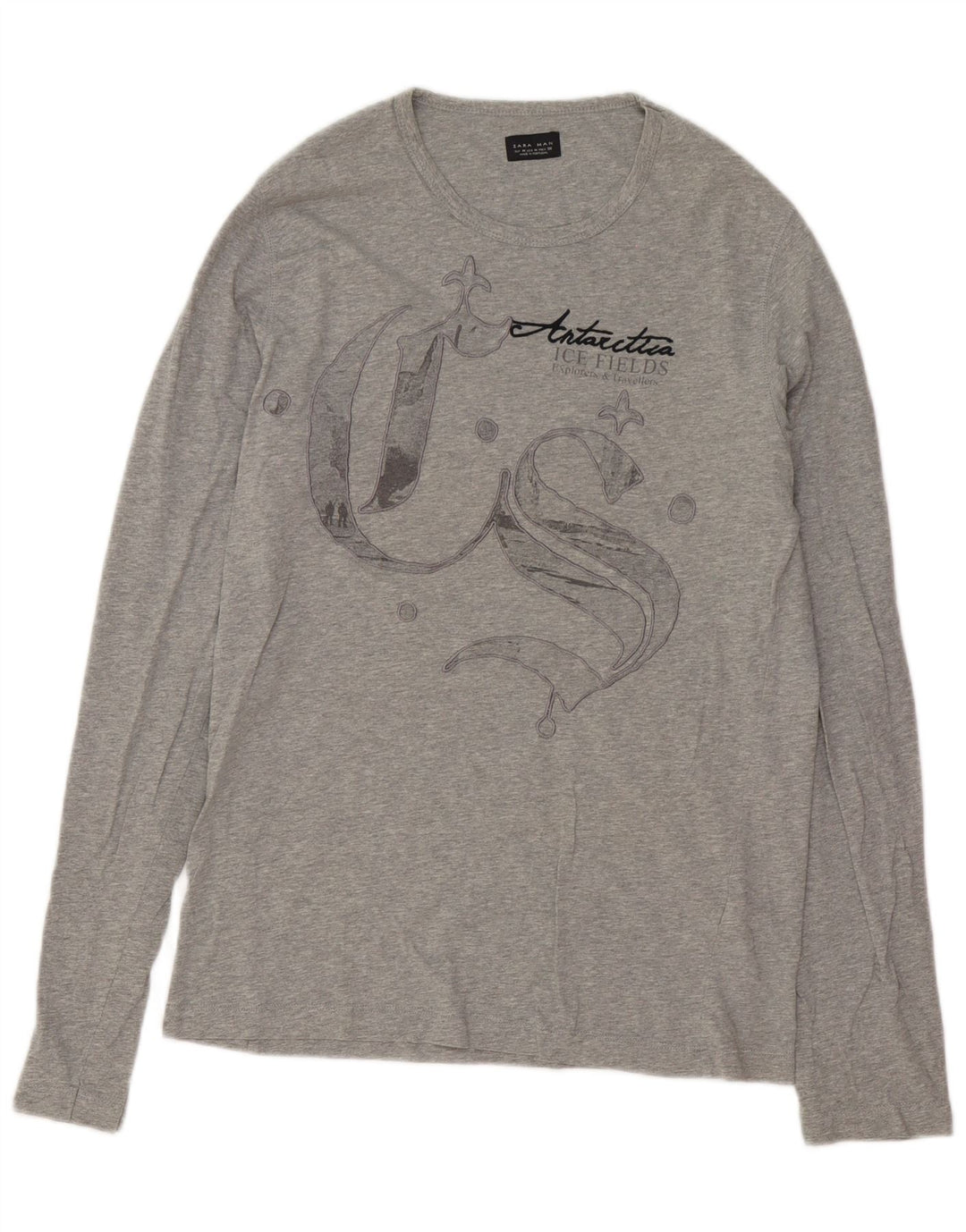 Zara Herren Graphic Top Langarm mittelgraue Baumwolle