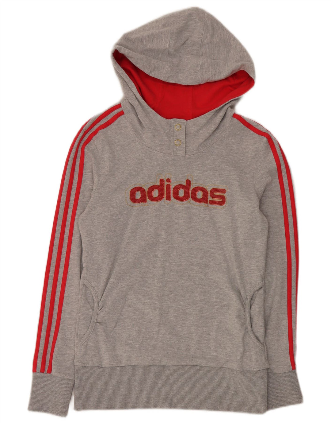 Adidas Damen Kapuzenpullover mit grafischem Knopfausschnitt, UK 12, mittelgraue Baumwolle