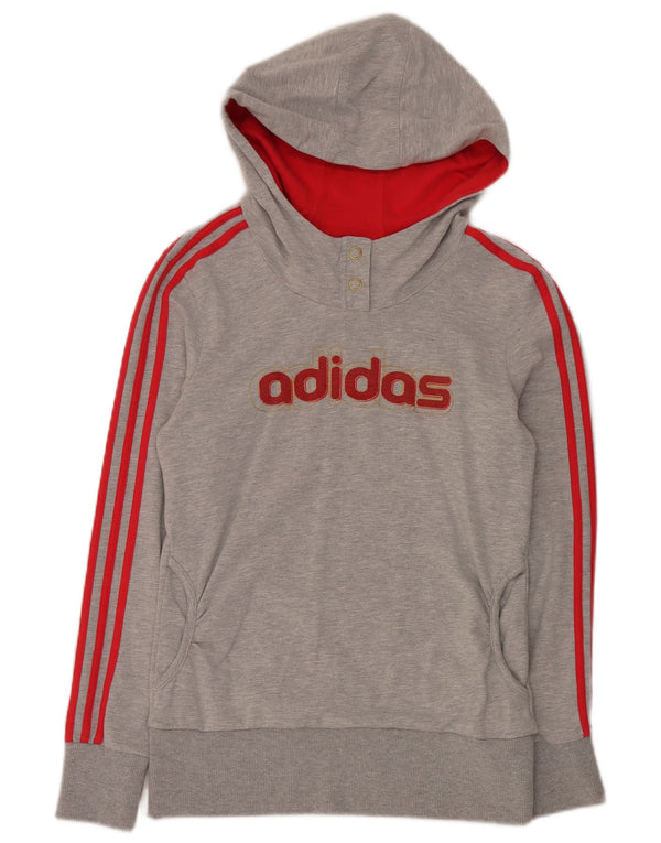 Adidas Damen Kapuzenpullover mit grafischem Knopfausschnitt, UK 12, mittelgraue Baumwolle