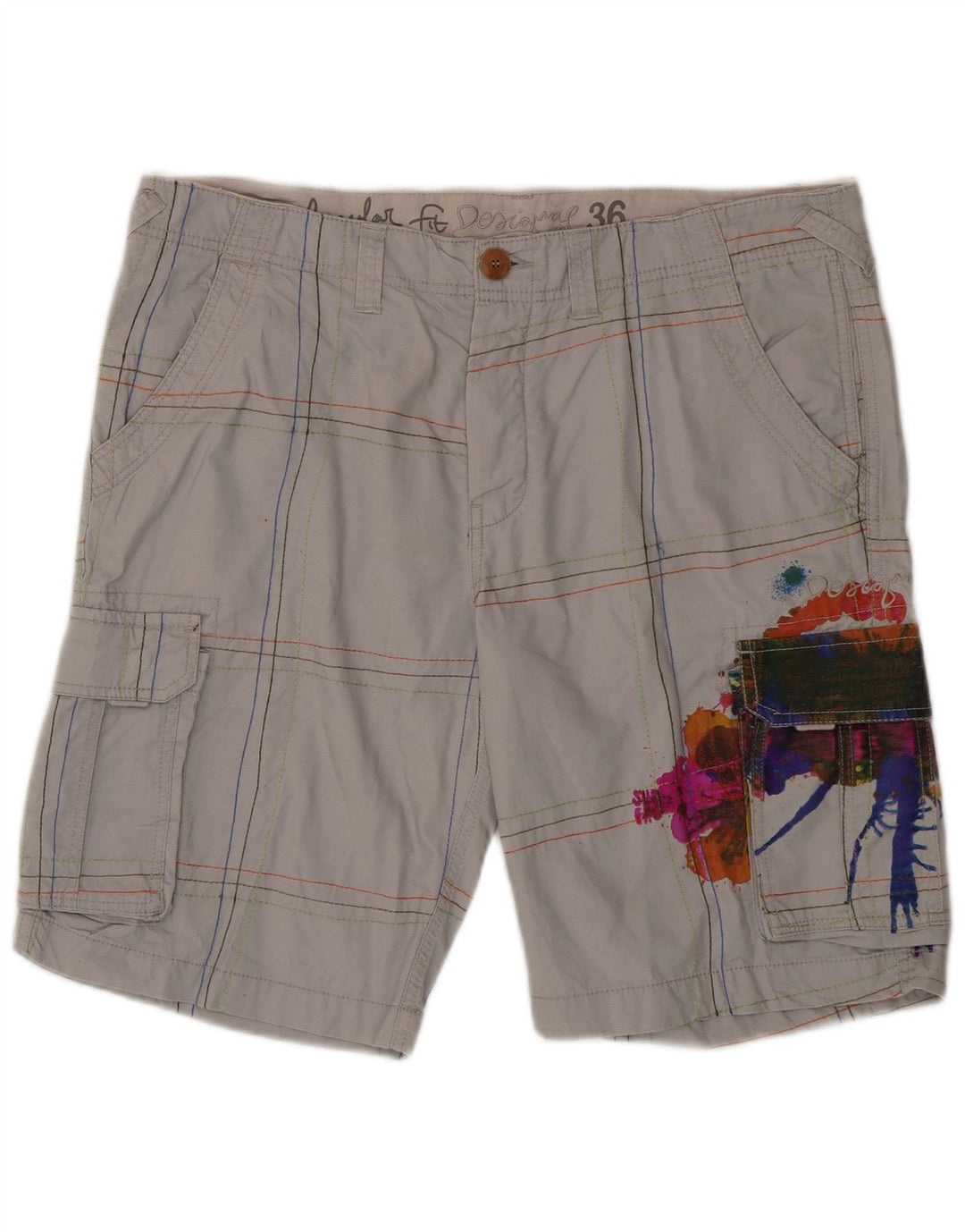 Desigual Herren Graphic Cargo Shorts W36 Große grau karierte Baumwolle