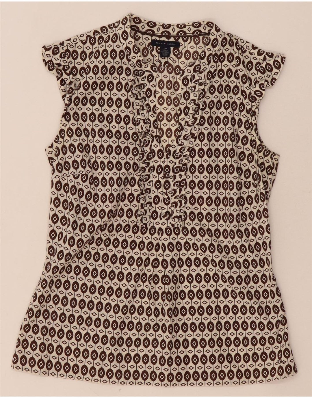 Tommy Hilfiger Damen-Blusenoberteil mit Rüschen vorne, Gr. 10, klein, braun, geometrisch