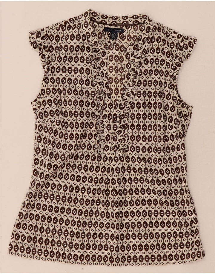 Tommy Hilfiger Damen-Blusenoberteil mit Rüschen vorne, Gr. 10, klein, braun, geometrisch