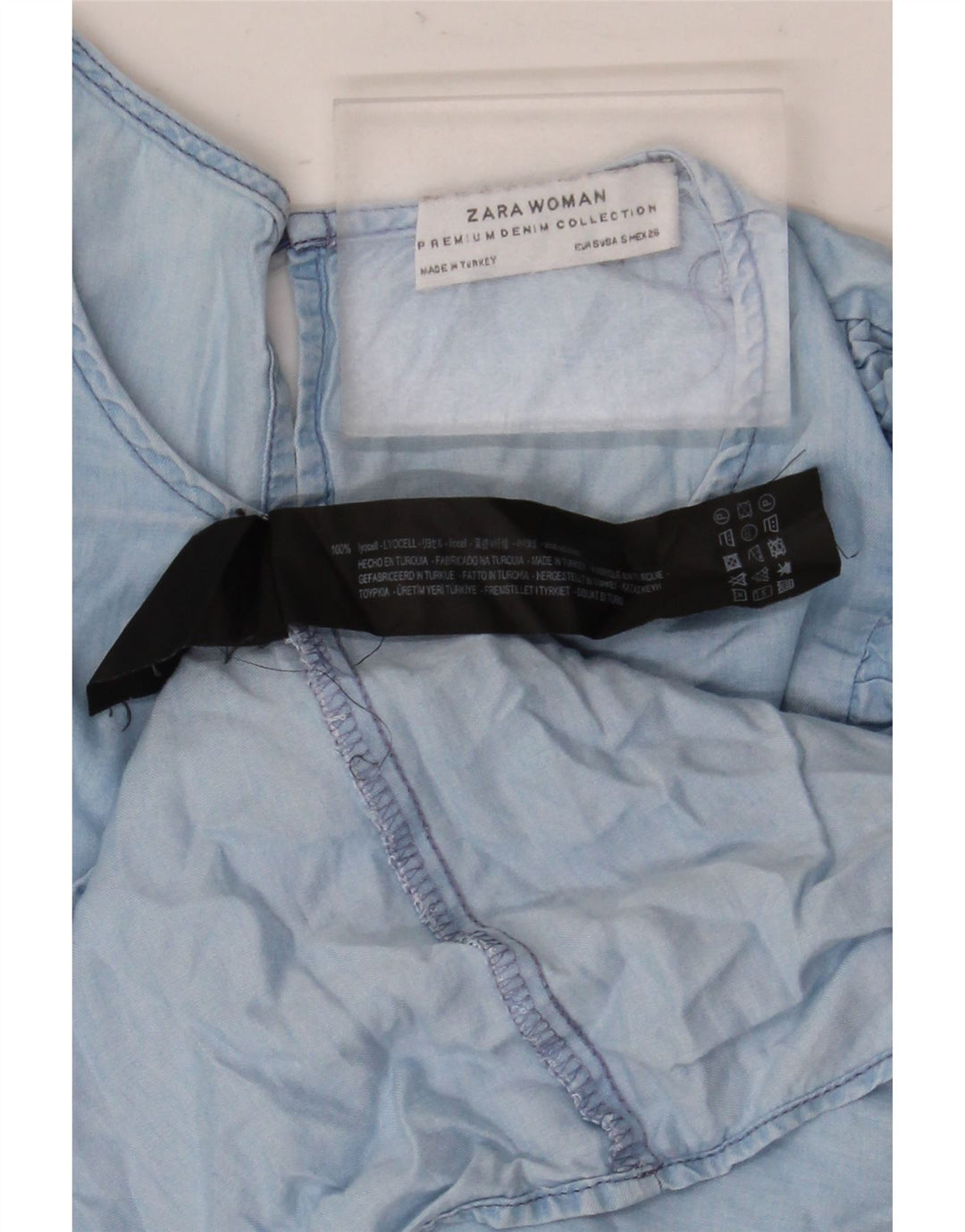 Zara Damen-Blusenoberteil mit 3/4-Ärmeln und Rüschen vorne, UK 10, Größe S, blaues Lyocell