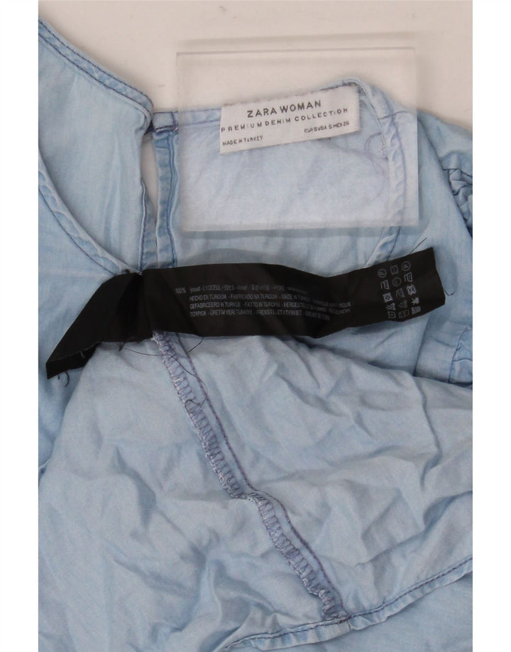 Zara Damen-Blusenoberteil mit 3/4-Ärmeln und Rüschen vorne, UK 10, Größe S, blaues Lyocell