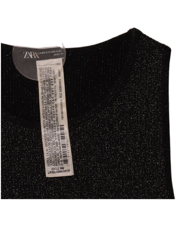 Zara Damen Ärmelloses Crop Top UK 4 XS Schwarz meliertes Polyester