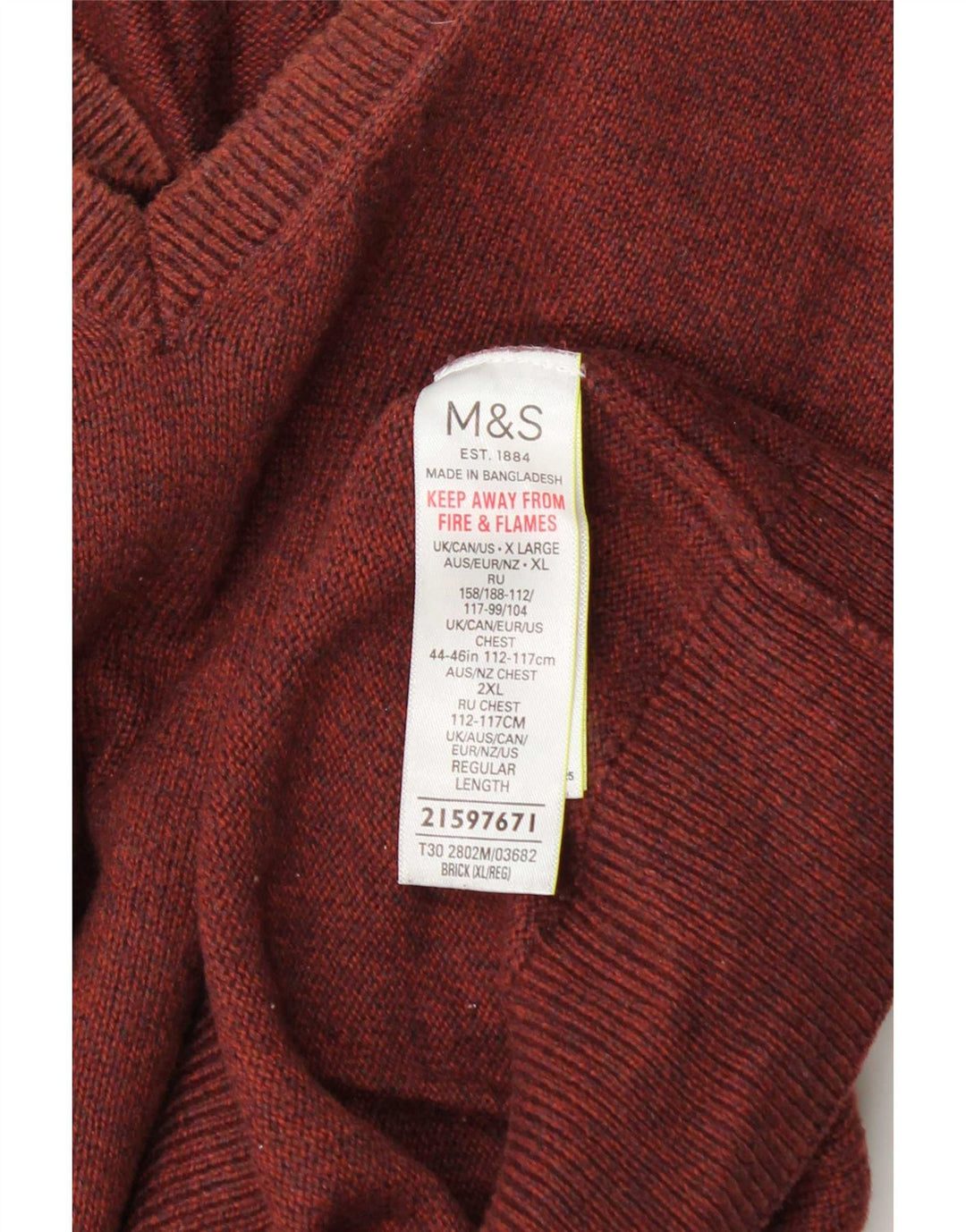 Marks & Spencer Herren-Pullover mit V-Ausschnitt, XL, braune Baumwolle