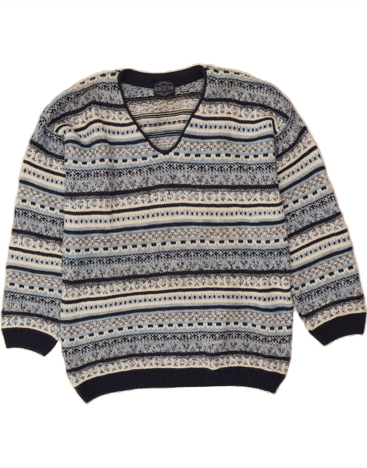 VINTAGE Mens V-Neck Jumper Sweater Large Blue Striped Wool Vintage Vintage and Second-Hand Vintage from Messina Hembry 