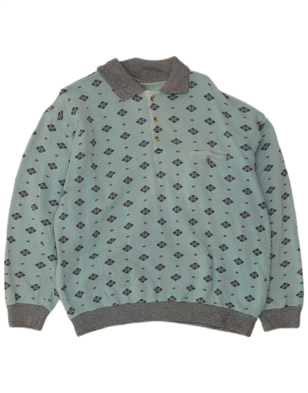 Vintage Herren Polo-Hals-Sweatshirt-Pullover aus mittelblauer, geometrischer Baumwolle