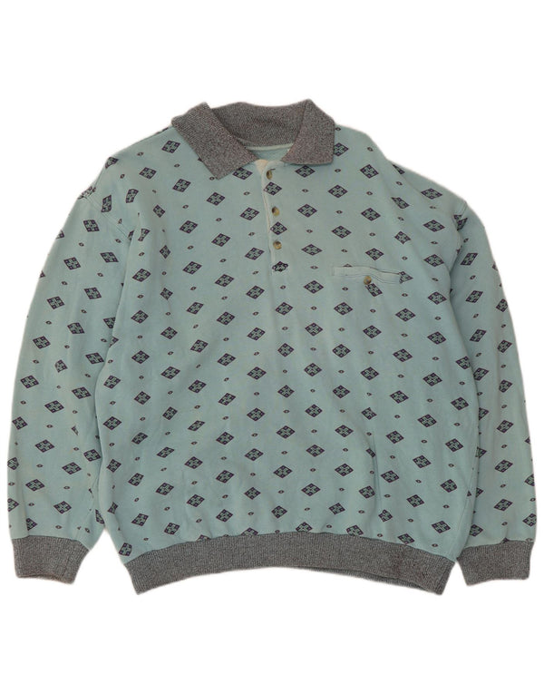 Vintage Herren Polo-Hals-Sweatshirt-Pullover aus mittelblauer, geometrischer Baumwolle