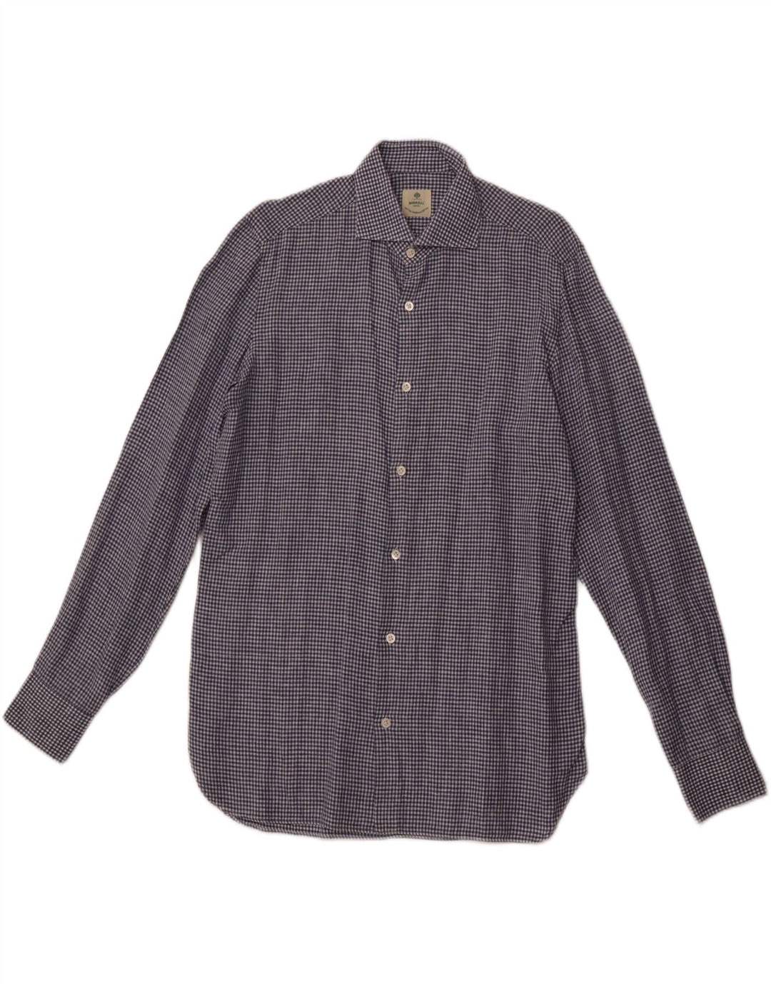 BORRELLI Herrenhemd Größe 40 15 3/4 mittelblaue Gingham-Baumwolle