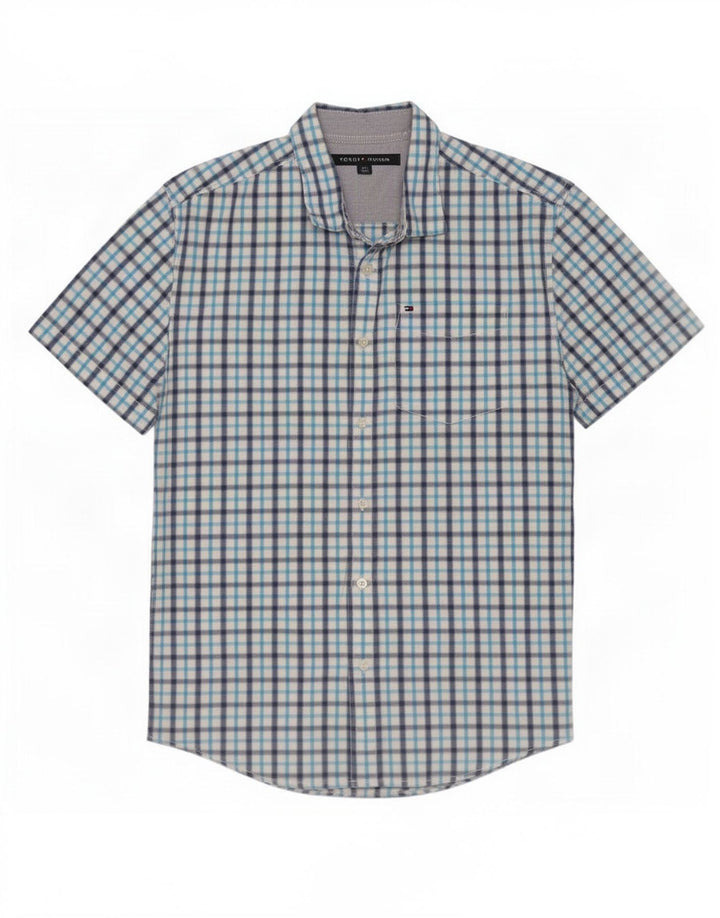Tommy Hilfiger Herren-Kurzarmhemd, groß, blau kariert, Baumwolle