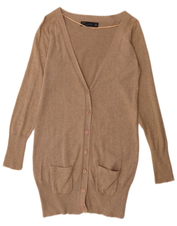 Zara Damen Longline-Cardigan-Pullover UK 10 Small Beige Baumwolle
