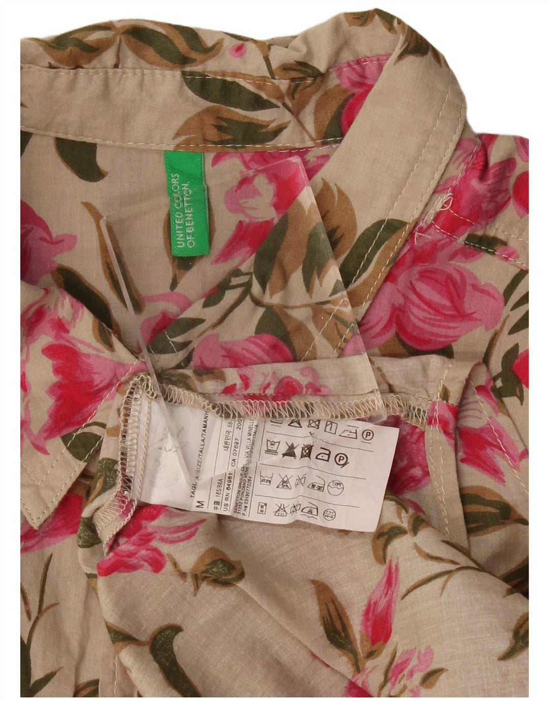 Benetton Damenhemd UK 14 Mittelbeige geblümte Baumwolle