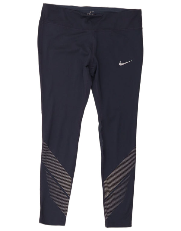 Nike Damen Dri Fit Leggings UK 18 XL Marineblaues Nadelstreifen-Polyester