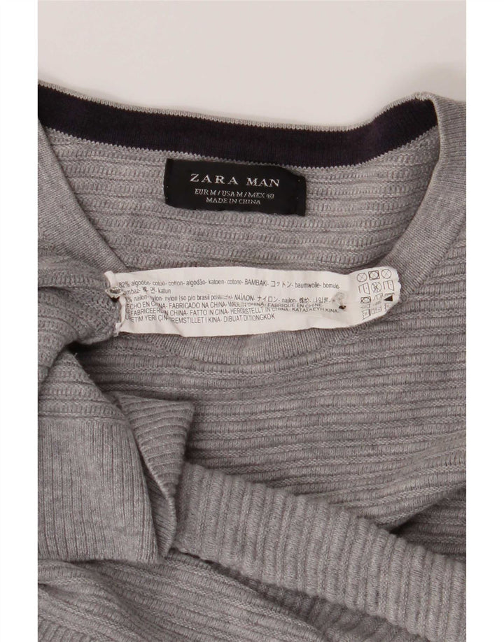 Zara Herren-Pullover mit Rundhalsausschnitt, mittelgraue Baumwolle