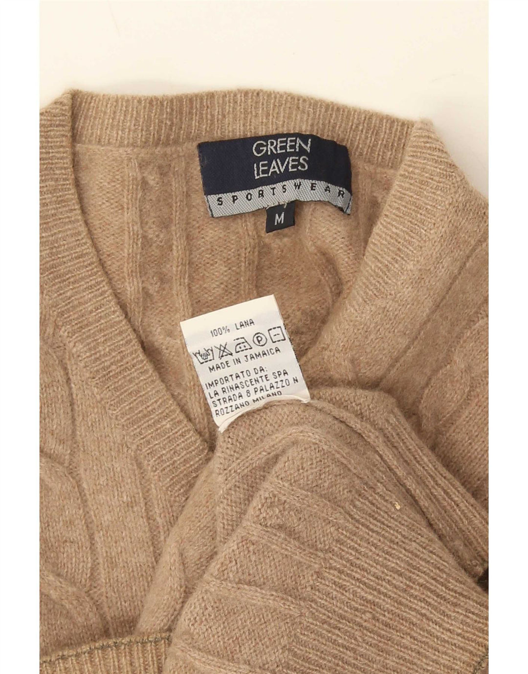 Green Leaves Herren-Pullover mit V-Ausschnitt aus mittelbeiger Wolle