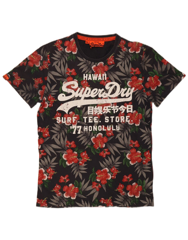 Superdry Herren Grafik-T-Shirt-Oberteil, groß, schwarze Baumwolle mit Blumenmuster