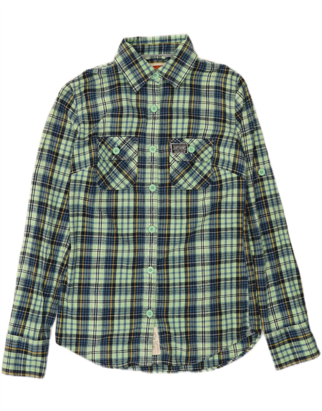 SUPERDRY Damen-Flanellhemd, UK 10, klein, türkisfarbene Karo-Baumwolle
