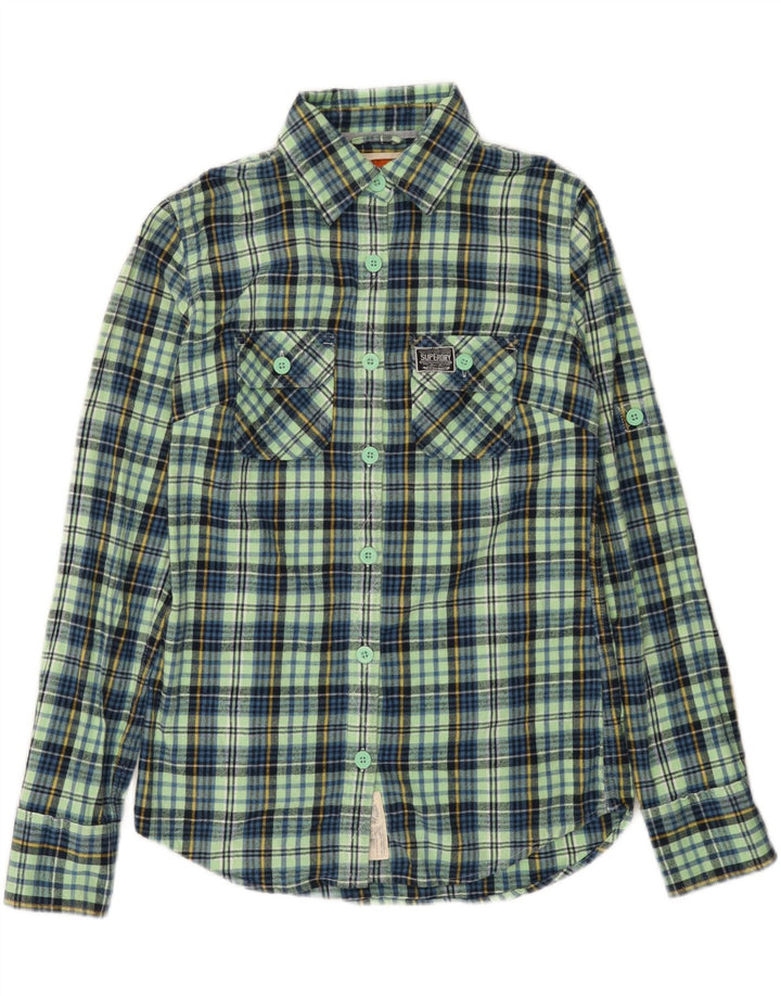 SUPERDRY Damen-Flanellhemd, UK 10, klein, türkisfarbene Karo-Baumwolle