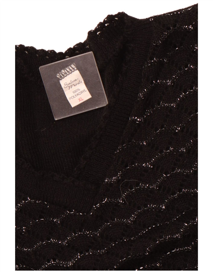 VINTAGE Damen Kurzärmeliger Pullover mit V-Ausschnitt UK 18 XL Schwarz gestreift