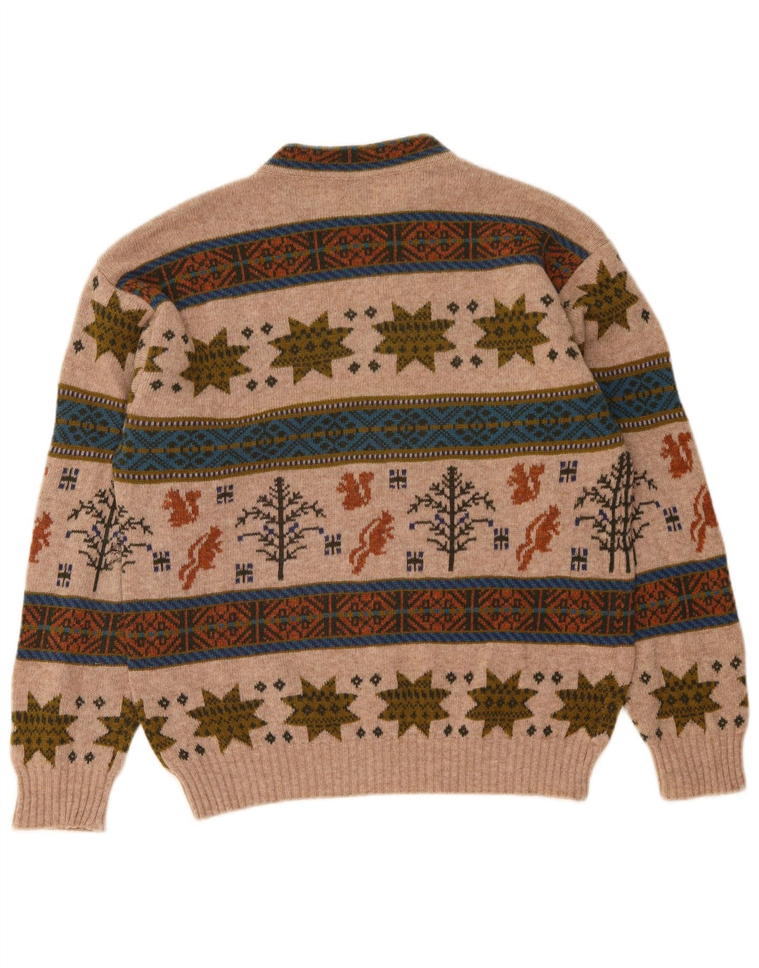 Benetton Herren-Pullover mit Rundhalsausschnitt, mittelbeigeige Fair-Isle-Wolle