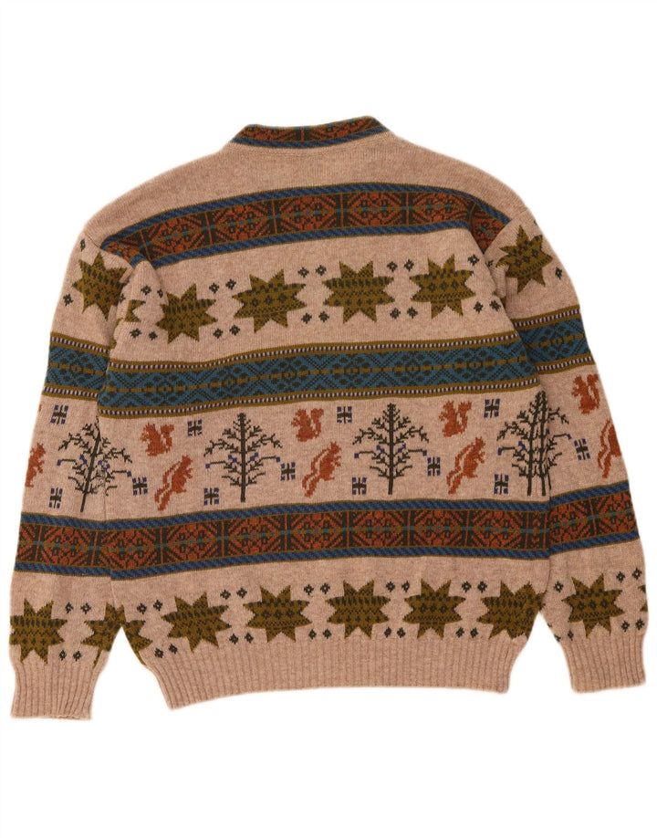 Benetton Herren-Pullover mit Rundhalsausschnitt, mittelbeigeige Fair-Isle-Wolle