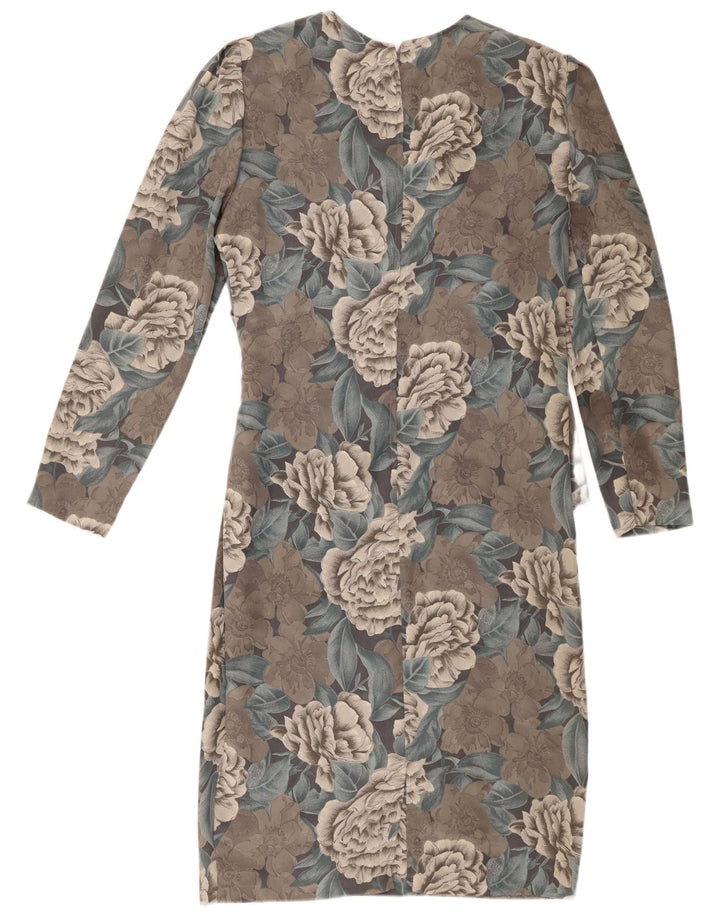 Vintage Damen Langarm-Etuikleid UK 12 Mittelgrau geblümtes Polyester