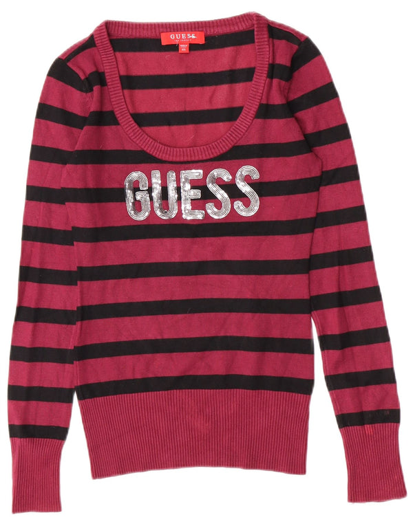 Guess Damen-Pullover mit grafischem U-Boot-Ausschnitt, Gr. 4 XS, Burgunderrot, gestreift