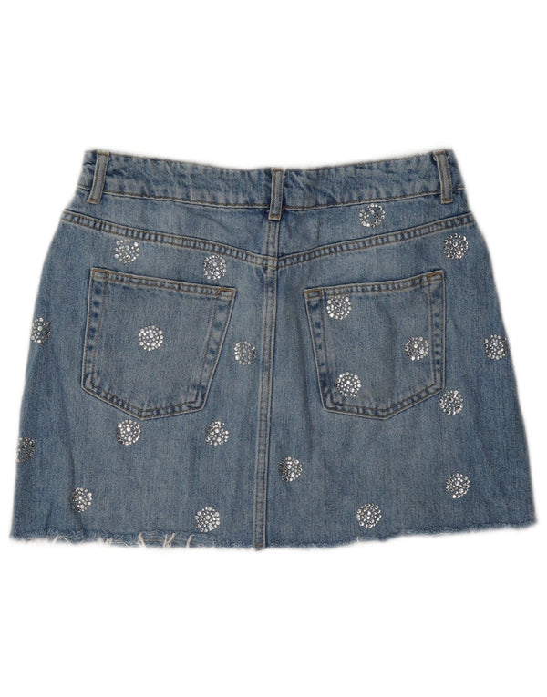 Topshop Damen Mini-Jeansrock UK 12 Medium W28 Blau gepunktete Baumwolle