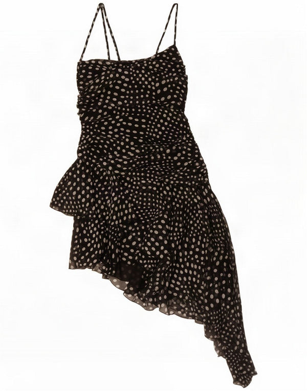 Zara Womens Sleeveless Asymmetric Tiered Dress UK 12 Medium Black Spotted