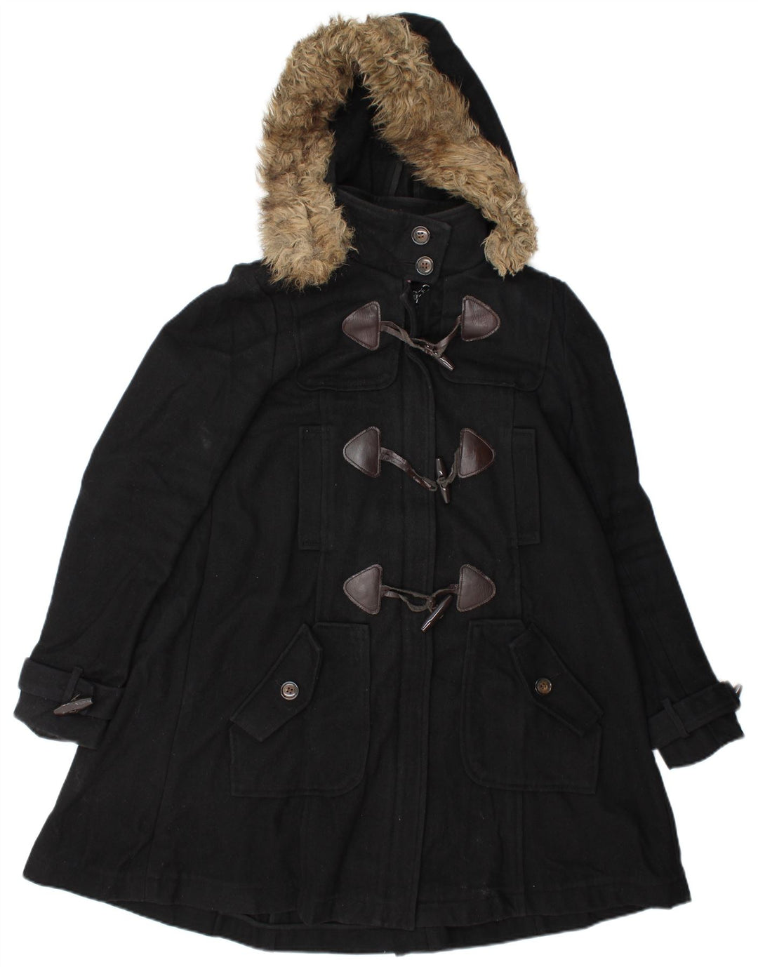 Vintage Damen Kapuzen-Dufflecoat UK 10 Kleine schwarze Wolle