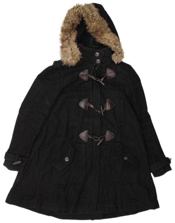 Vintage Damen Kapuzen-Dufflecoat UK 10 Kleine schwarze Wolle