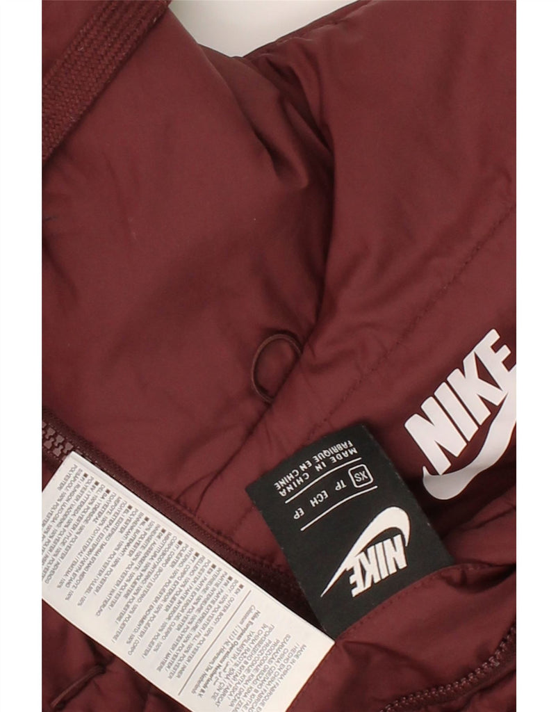 NIKE Womens Graphic Hooded Padded Jacket UK 6 XS Maroon Polyester Vintage Nike and Second-Hand Nike from Messina Hembry 