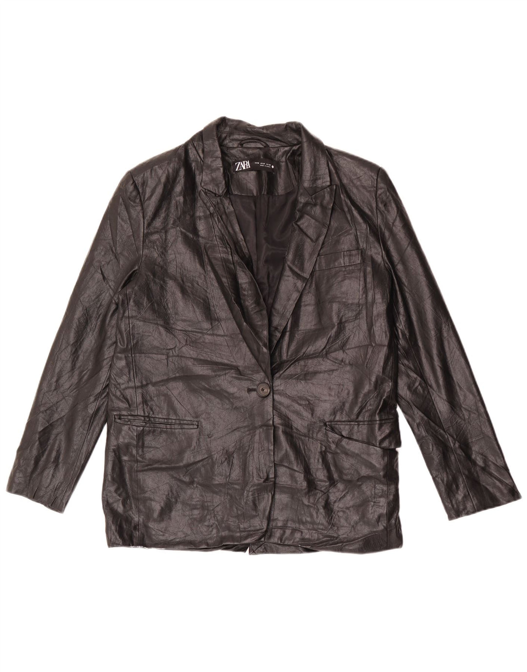 Zara Damen 1-Knopf-Blazer aus Kunstleder, Gr. 14, Mittelschwarz