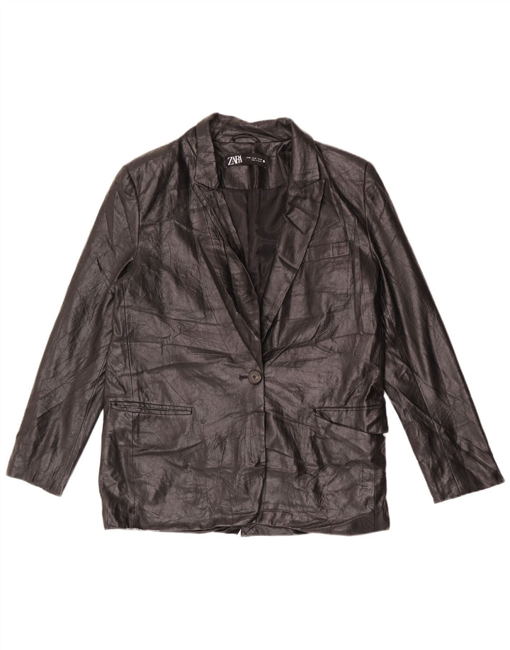 Zara Damen 1-Knopf-Blazer aus Kunstleder, Gr. 14, Mittelschwarz