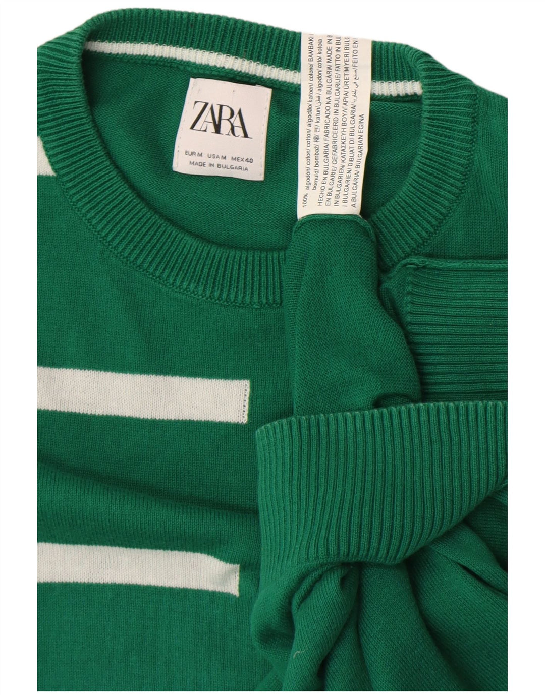 Zara Herren-Pullover mit Rundhalsausschnitt, mittelgrün, gestreift, Baumwolle