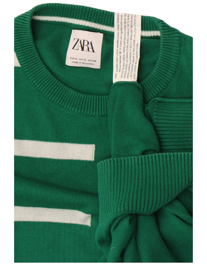 Zara Herren-Pullover mit Rundhalsausschnitt, mittelgrün, gestreift, Baumwolle