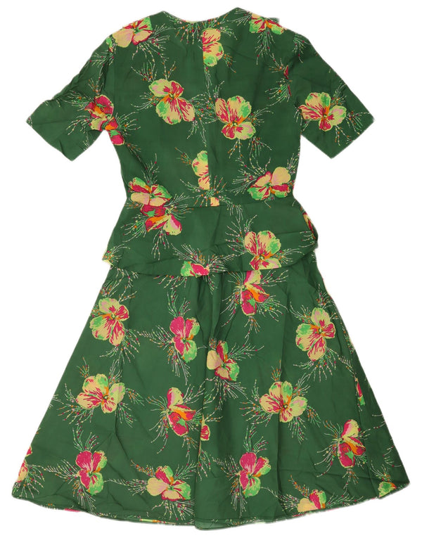 Vintage Damen Kurzärmeliges A-Linien-Kleid UK 12 Mittelgrün geblümt