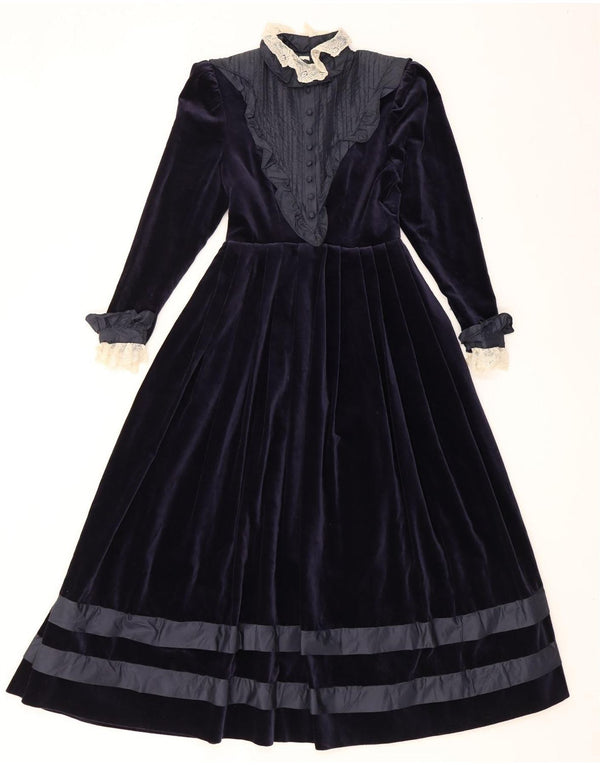 Vintage Damen Langarm-Maxikleid aus Samt, Gr. 8, klein, marineblau, geblümt