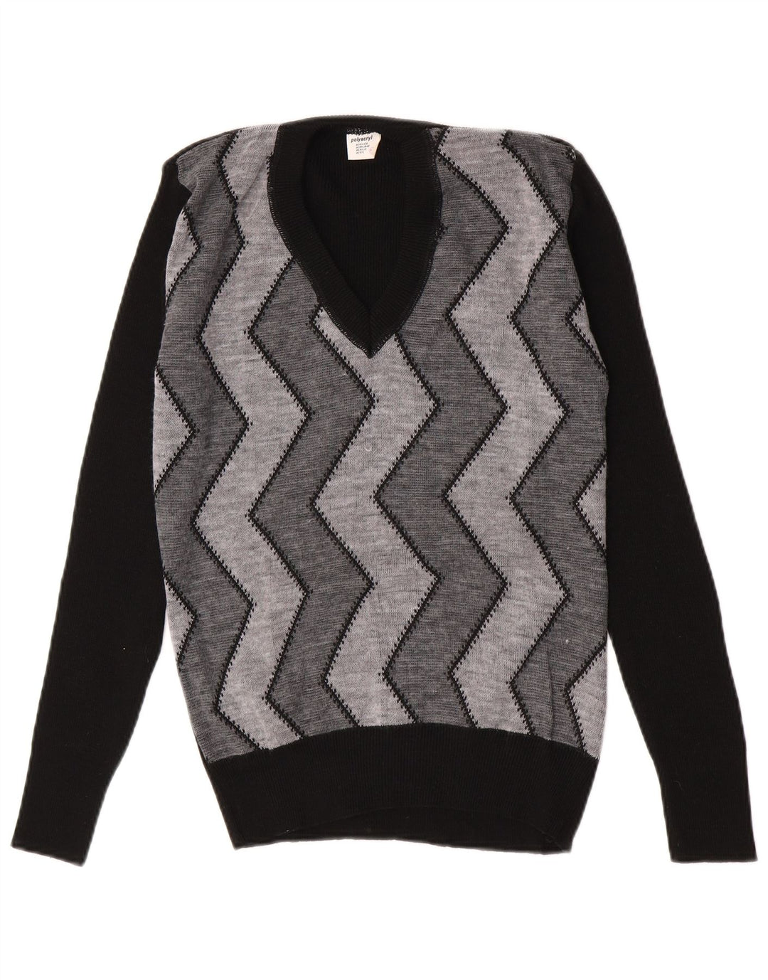 Vintage Herren Pullover mit V-Ausschnitt IT 52 Großes schwarzes Chevron-Polyacryl