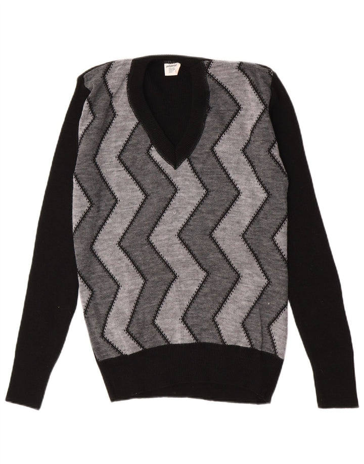 Vintage Herren Pullover mit V-Ausschnitt IT 52 Großes schwarzes Chevron-Polyacryl