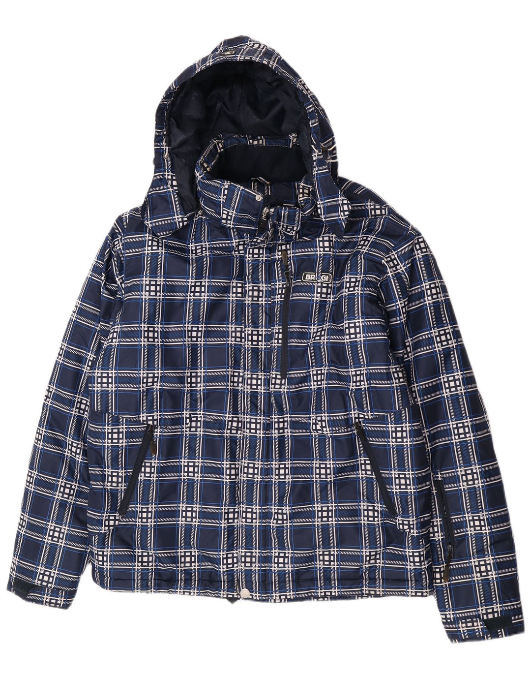 Brugi Herren-Jacke mit Kapuze, gepolstert, Größe 40, Marineblau, kariert, Polyester