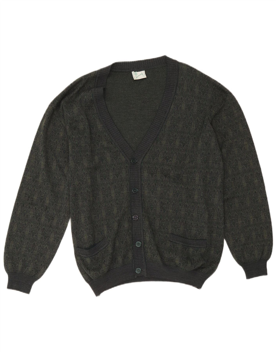 Vintage Herren Cardigan Pullover Große Khaki Geometrische Wolle