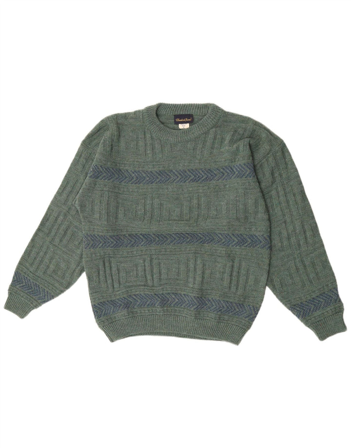 Claude De Pierre Herren-Pullover mit Rundhalsausschnitt, mittelgrüne geometrische Wolle