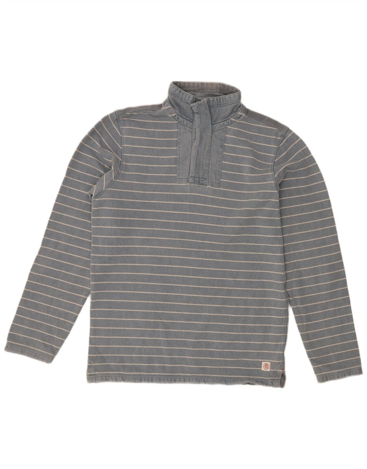 White Stuff Herren-Sweatshirt mit Reißverschluss am Hals, mittelblau gestreifte Baumwolle