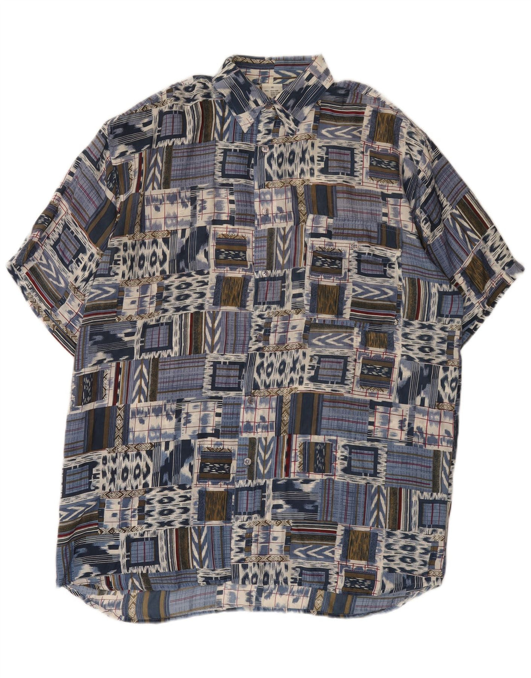 Vintage Herren Kurzarmhemd IT 48 Mittelblaue Patchwork-Seide